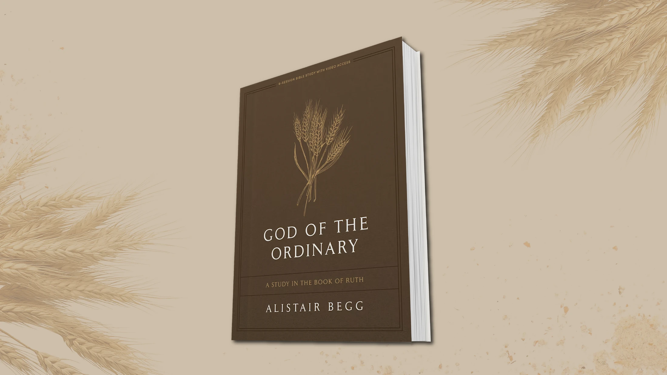 A brown book titled 'God of the Ordinary' by Alistair Begg, with a wheat illustration, is shown angled against a tan background with faint wheat imagery.