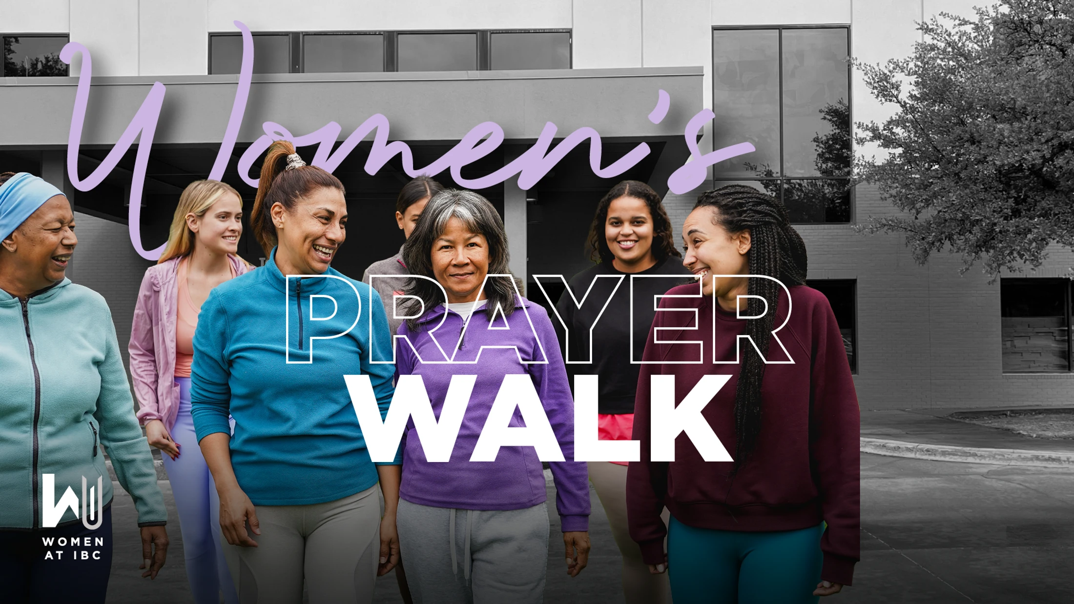 A diverse group of smiling women walk together in athletic wear. A text overlay reads, 'Women's Prayer Walk'. The background is black and white.