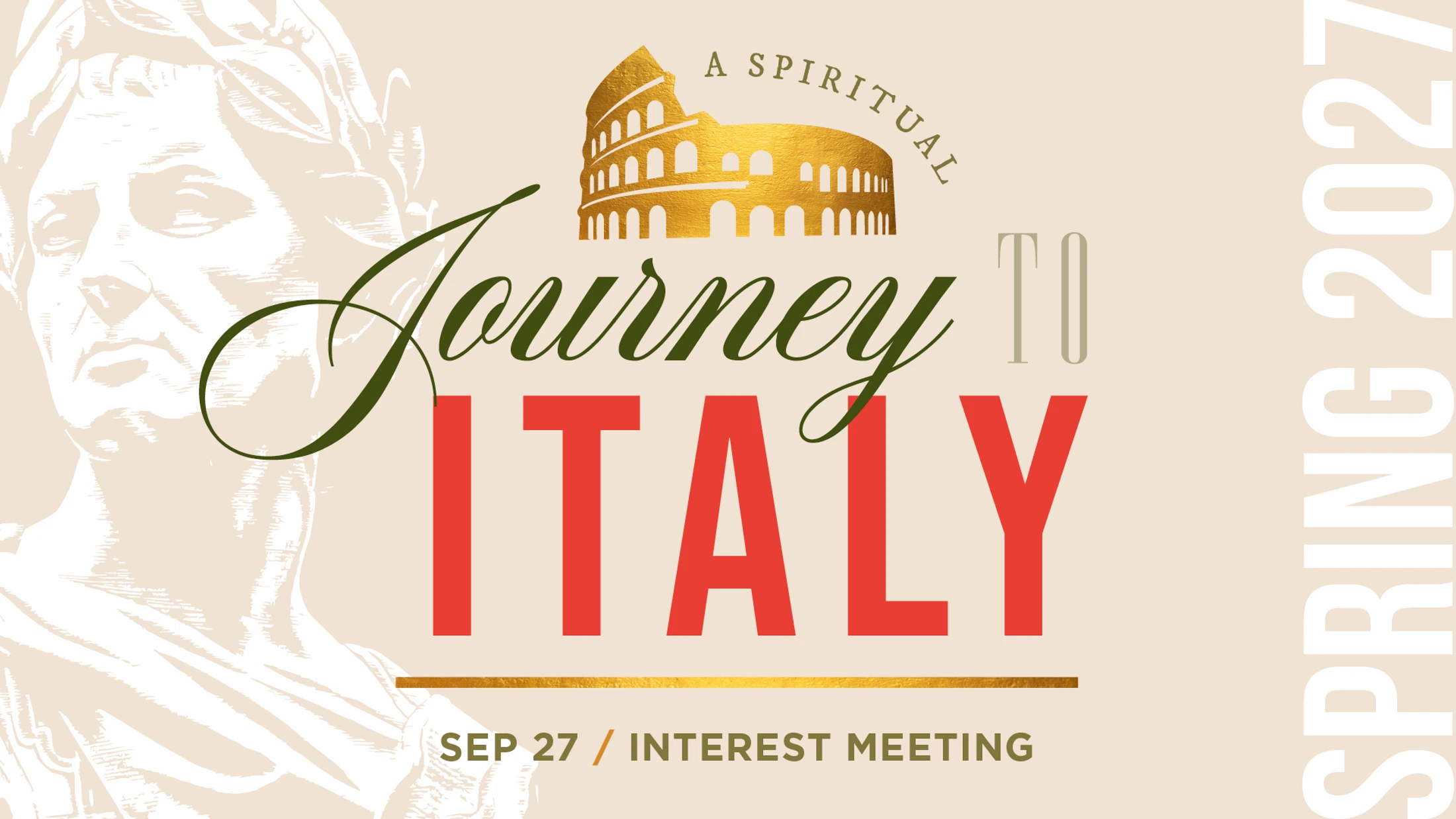 Graphic promoting a spiritual journey to Italy in Spring 2027, with illustrations of the Colosseum and a Roman statue. An interest meeting is on Sep 27.