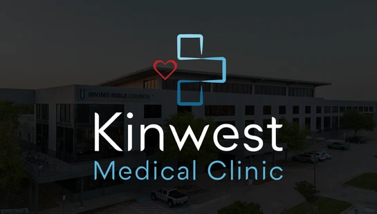 The Kinwest Medical Clinic logo and name are overlaid on a photo of the Irving Bible Church building at dusk.