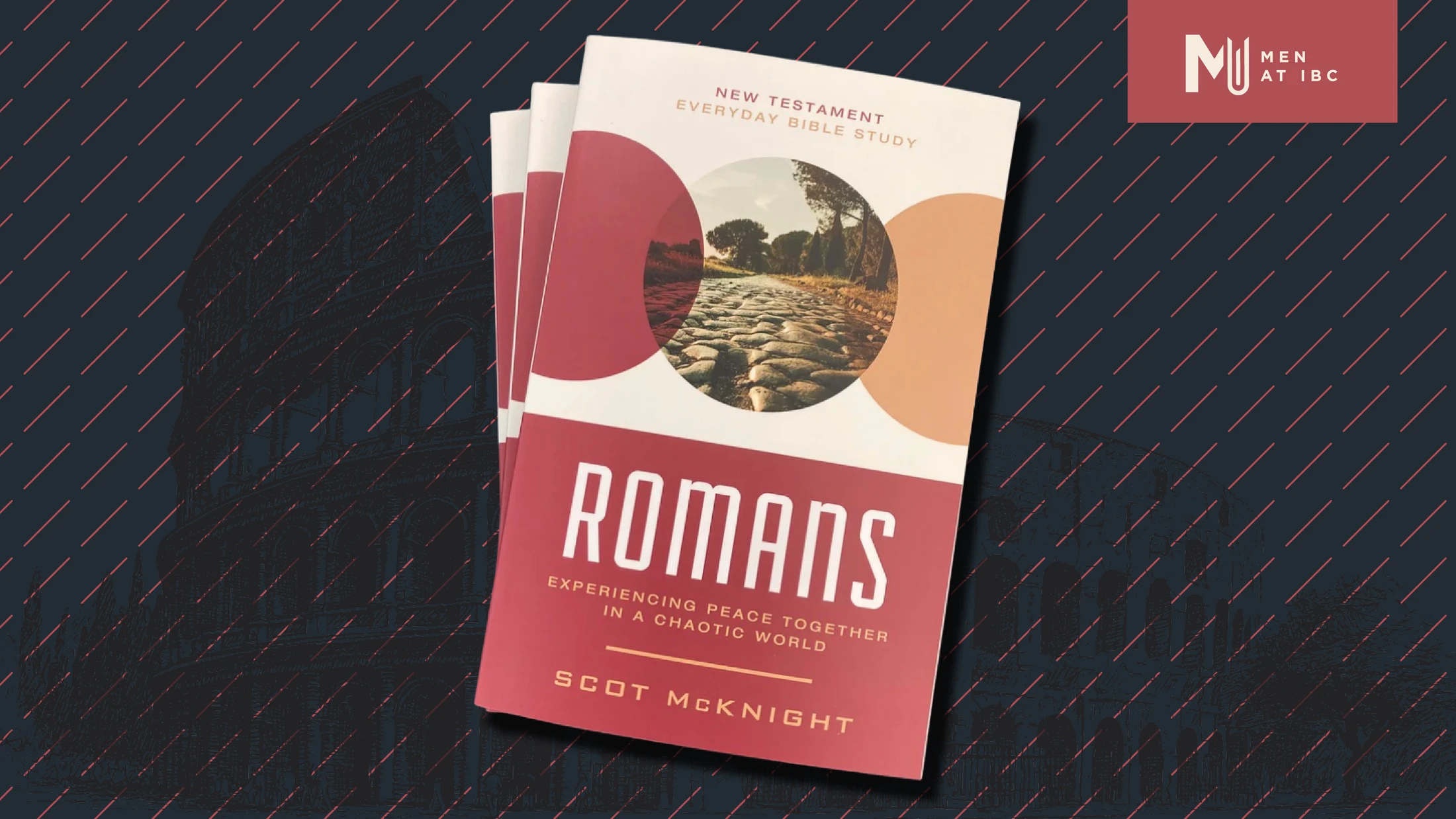 Three copies of the book 'Romans' by Scot McKnight for a men's Bible study, set against a dark blue and red graphic background with the Men at IBC logo.