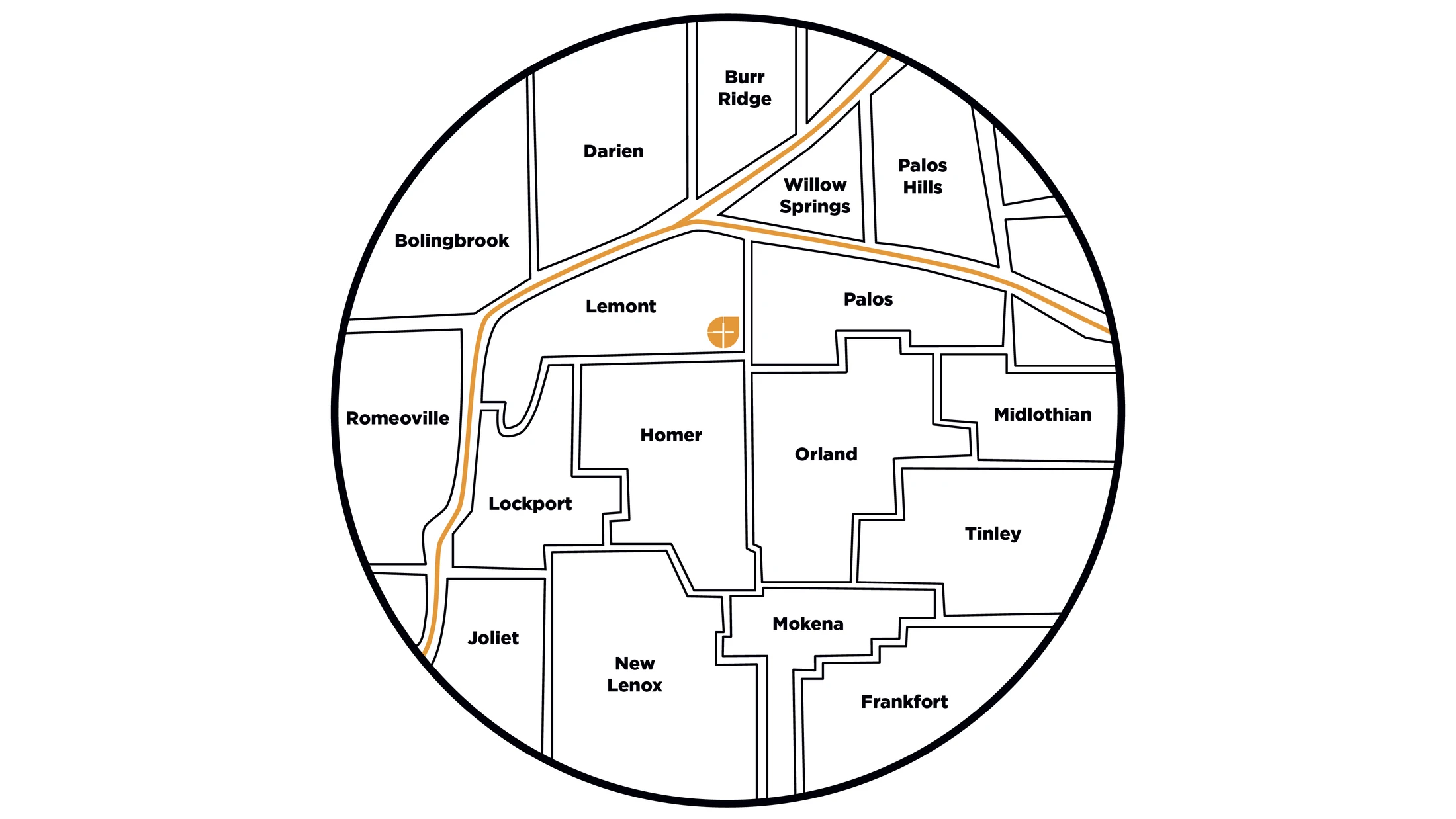 A stylized, circular black and white map showing various towns and communities, including Lemont, Orland, and Joliet, with orange lines representing roads.