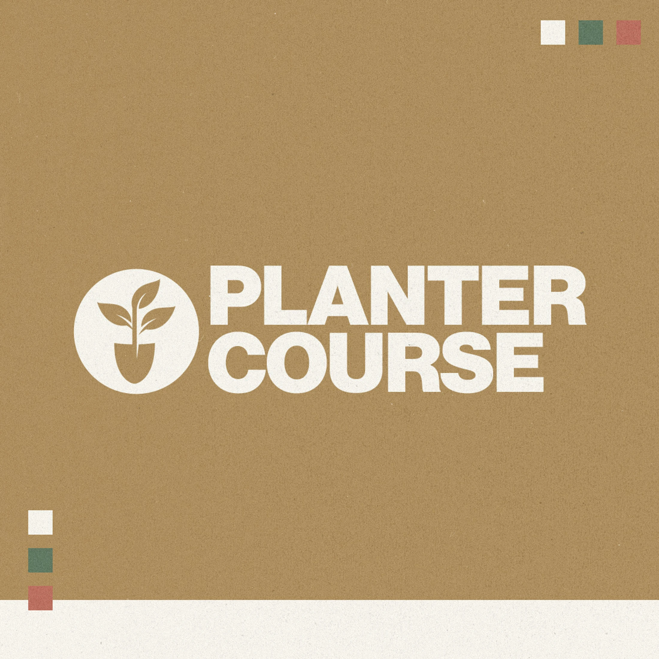 A graphic with a brown background featuring a white logo of a seedling in a pot next to the words 'Planter Course' in bold white text.