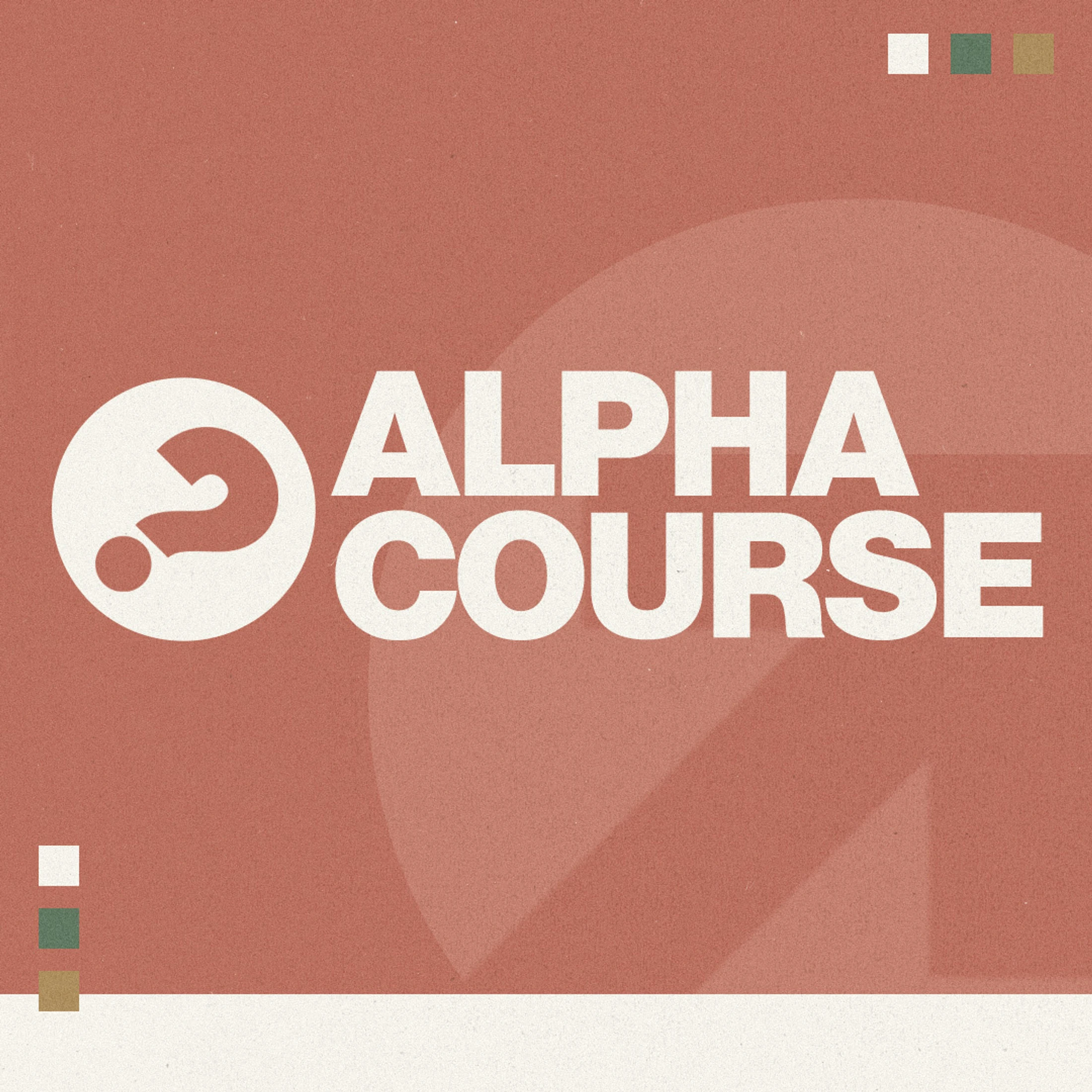 A graphic for the Alpha Course with its question mark logo next to bold, white text on a textured, reddish-brown background with geometric shapes.