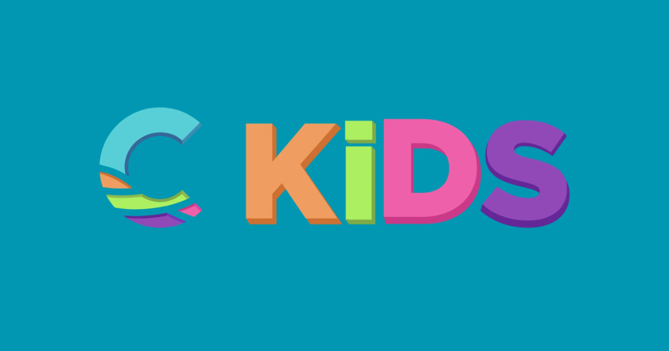 The C Kids logo in colorful 3D block letters against a solid teal background. The C is segmented with bright colors, followed by K, I, D, S in various hues.