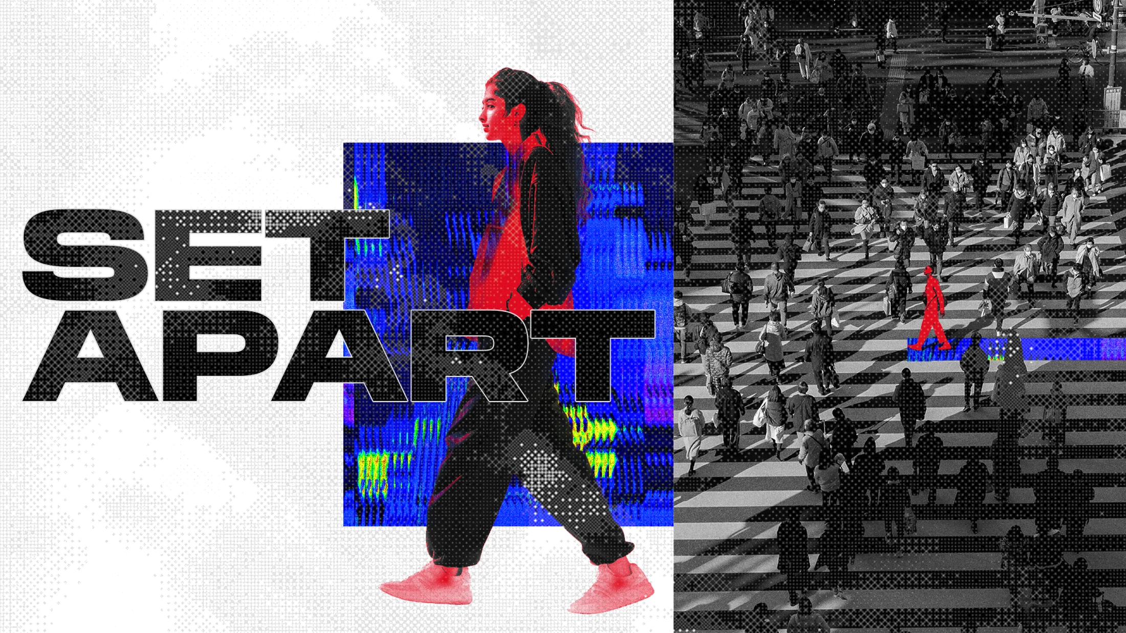 A graphic collage with the text 'SET APART'. A red-tinted woman walks on one side, while a red figure stands out in a black and white crowd on the other.