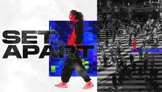 A graphic collage with the text 'SET APART'. A red-tinted woman walks on one side, while a red figure stands out in a black and white crowd on the other.