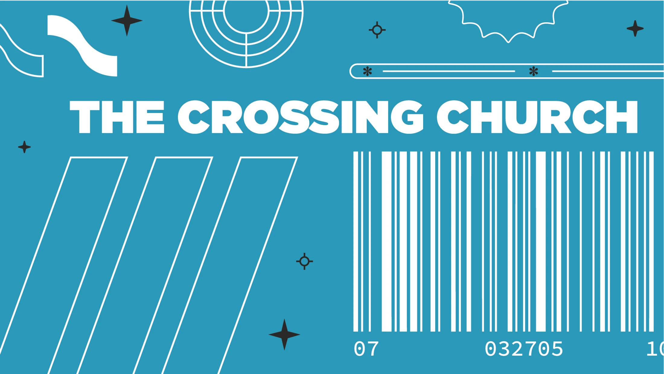 A blue graphic for The Crossing Church with white text, a large barcode, and various abstract shapes and stars.