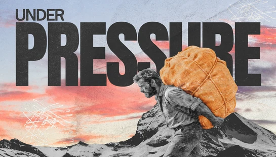 A man carries a heavy orange sack on his back through snowy mountains, with the words 'Under Pressure' in large black letters overhead.