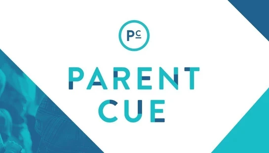 The Parent Cue logo, a 'PC' in a circle, is centered over the words 'PARENT CUE' in two-tone blue text against a white background with blue accents.