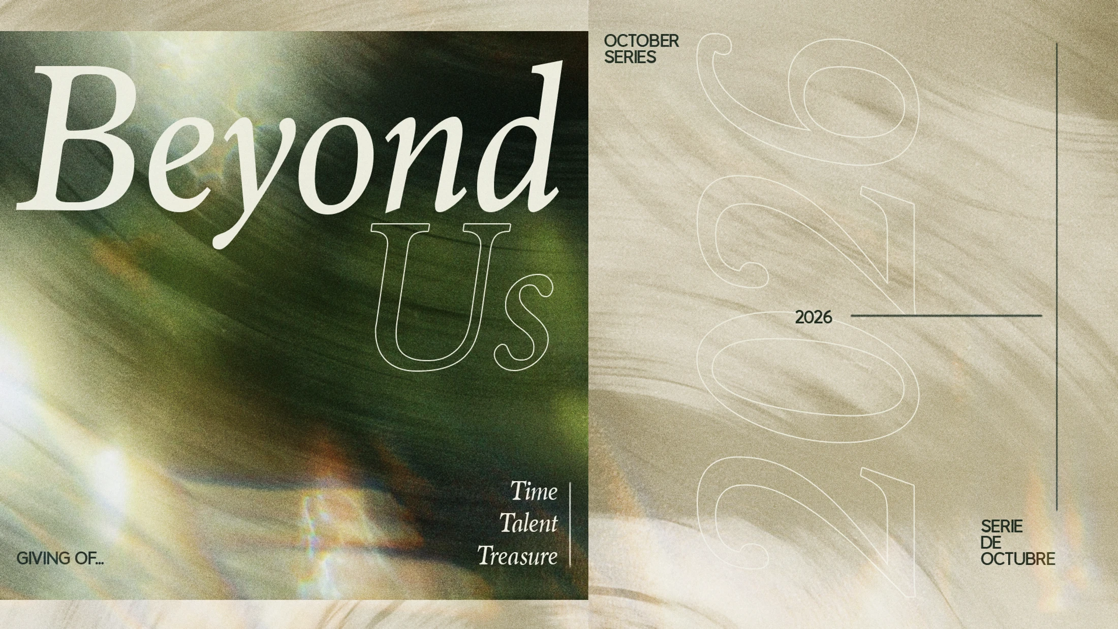 A split-screen graphic titled 'Beyond Us' for the October Series 2026, focusing on giving time, talent, and treasure.