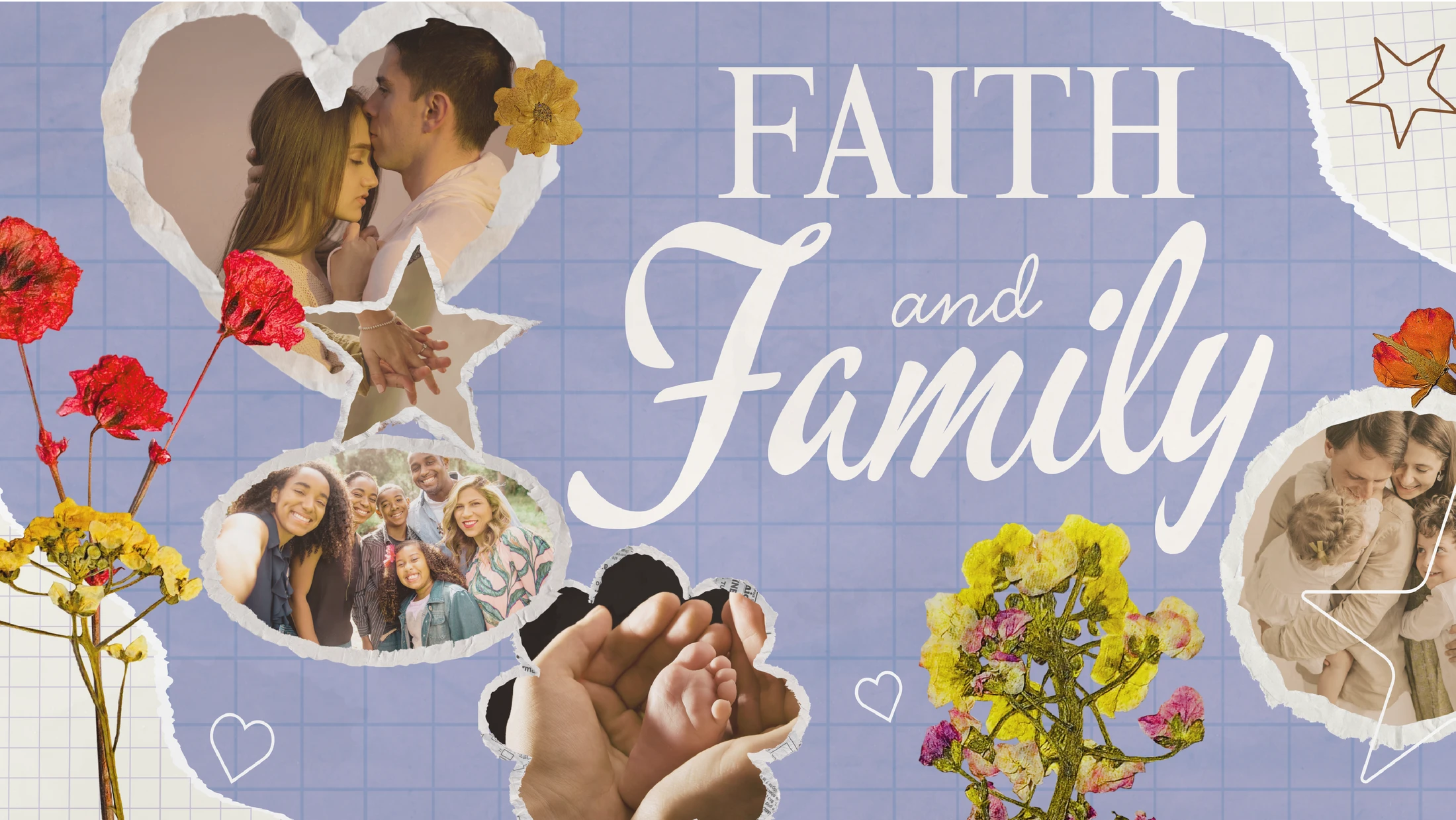 A scrapbook-style collage with the words 'Faith and Family' over photos of couples and families. The collage is decorated with pressed flowers on a purple grid.