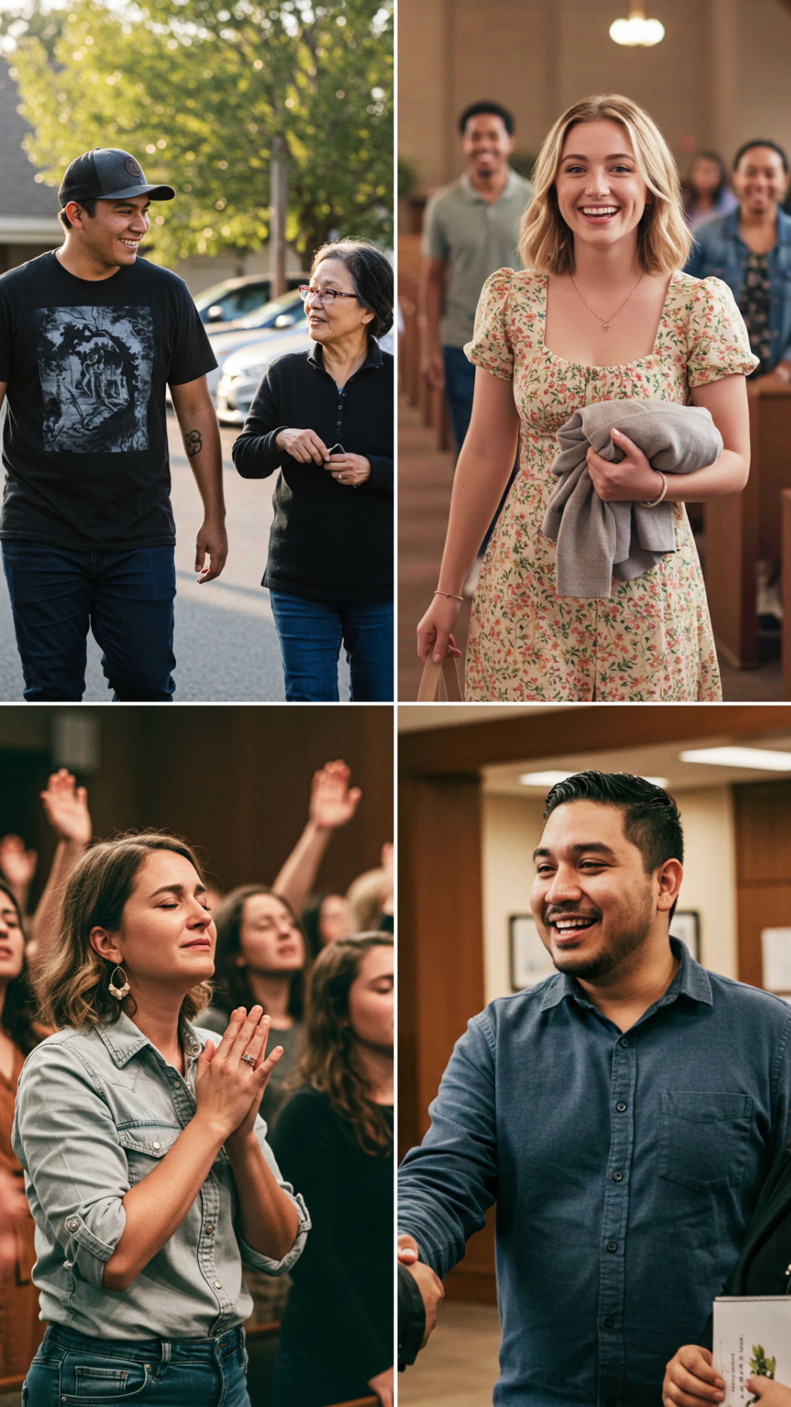 A collage of four photos showing diverse people at church: a man and woman walking, a woman arriving, a group worshipping, and a man shaking hands.