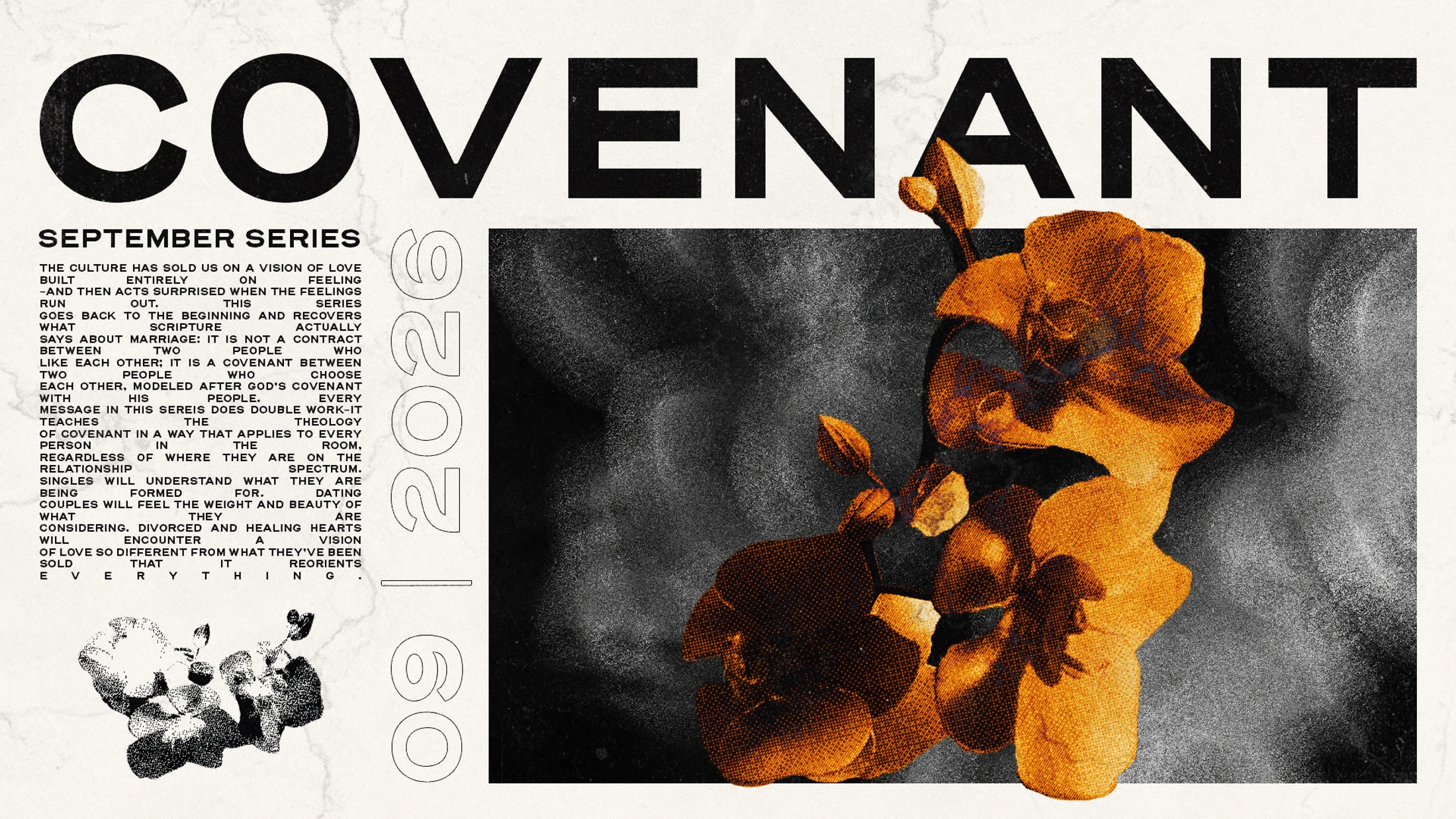 An announcement for a September series titled 'Covenant', featuring distressed black text, a description, and orange flowers on a dark, textured background.