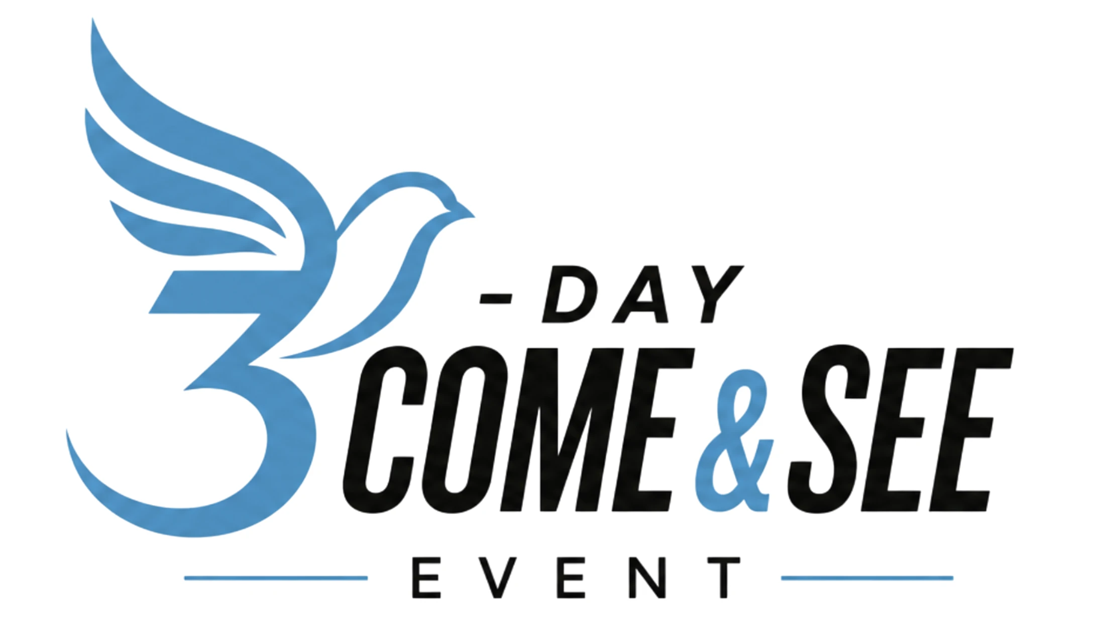 A logo for a '3-Day Come & See Event' featuring a blue dove whose body forms the number 3, with black and blue text on a white background.