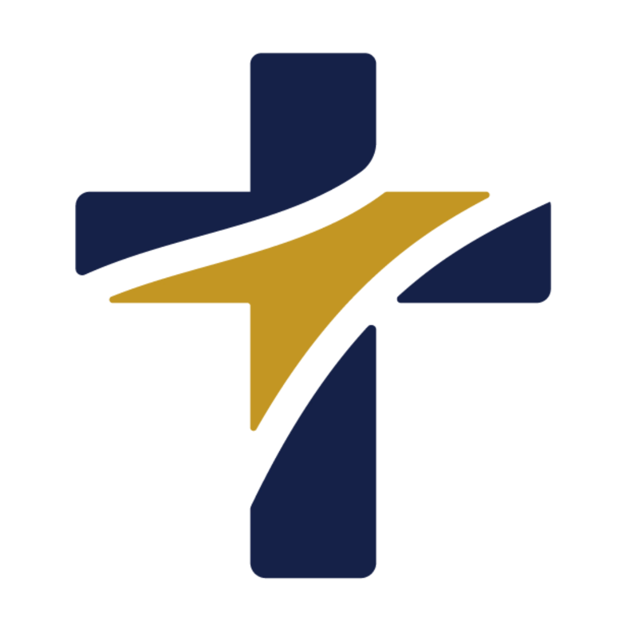 A stylized Christian cross logo in dark blue. A dynamic, gold-colored swoosh cuts diagonally across the center from lower left to upper right.