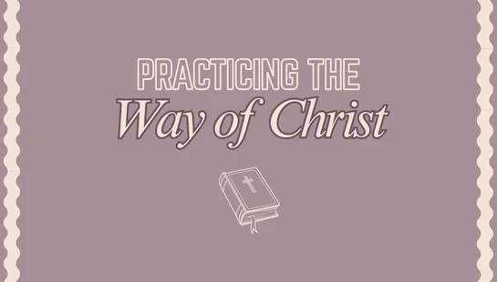 A mauve background with cream text reading 'Practicing the Way of Christ' above a line drawing of a Bible. The sides have decorative wavy borders.