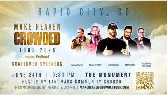 Promotional flyer for the Make Heaven Crowded Tour 2026 in Rapid City, SD, showing five speakers, event details, and a QR code on a cloudy sky background.