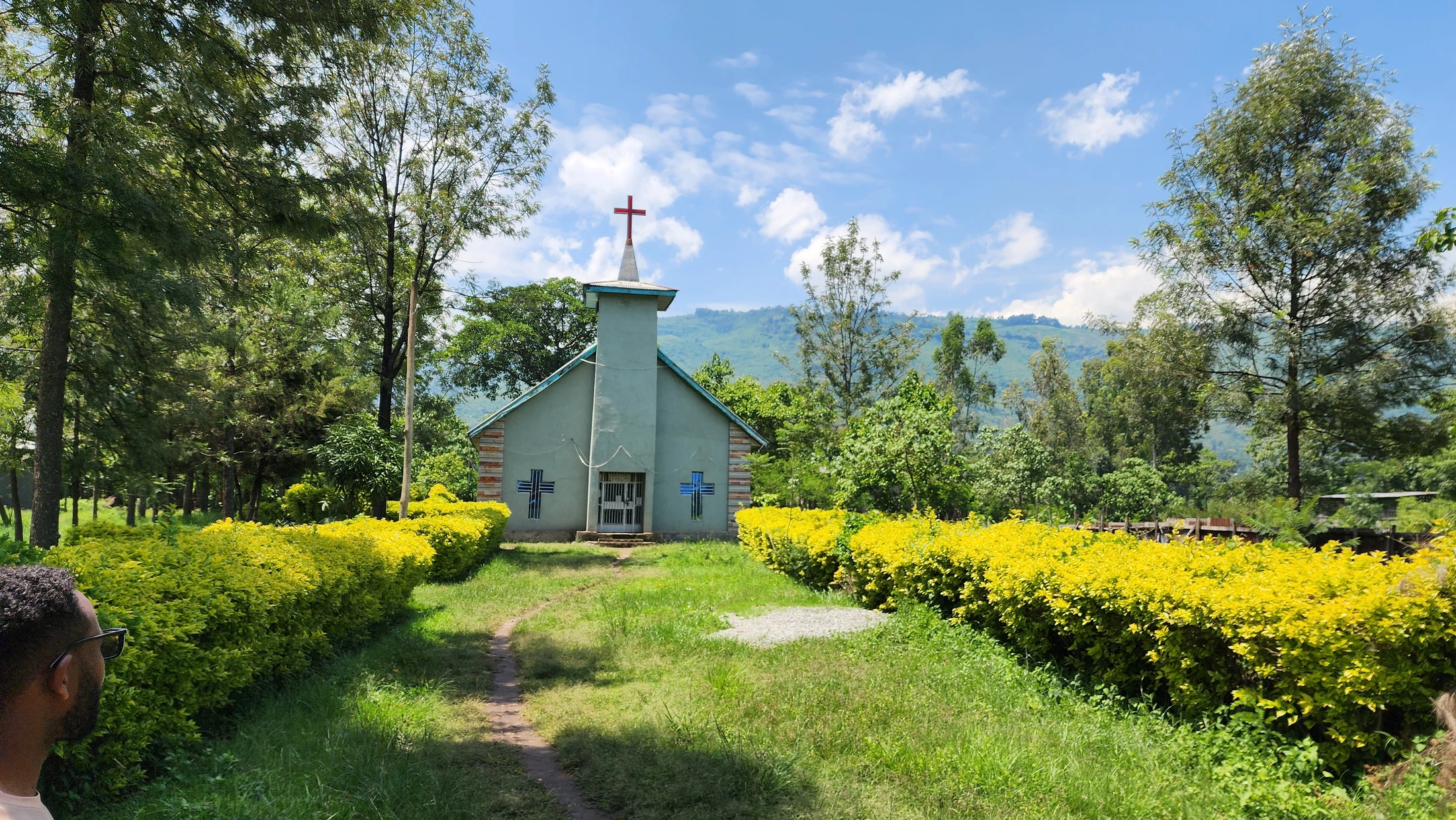 A small, light green church with a red cross on its steeple sits at the end of a dirt path, flanked by bright yellow-green hedges and tall trees.