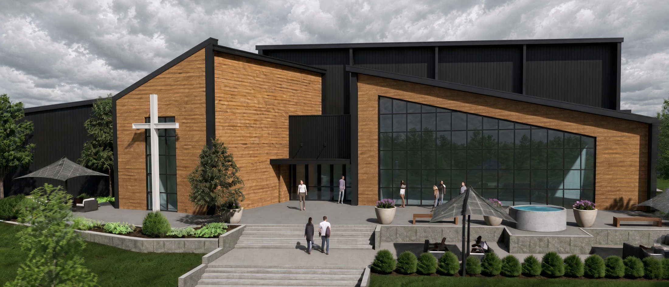 A rendering of a modern church with wood and black metal siding, a large white cross, and people on the steps and patio under a cloudy sky.