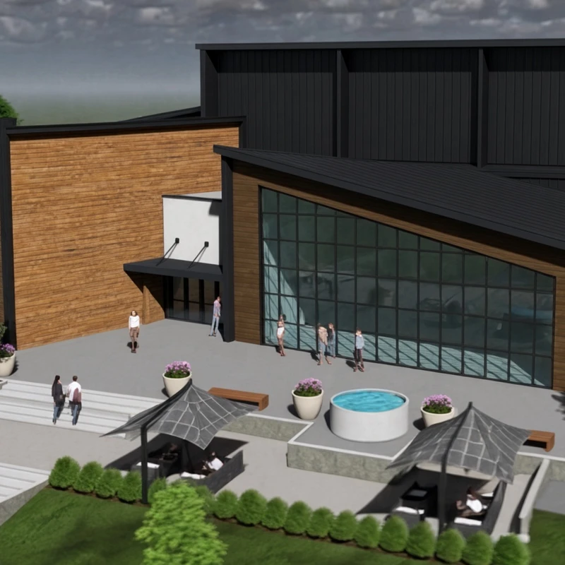 An aerial architectural rendering of a modern church with wood and dark metal siding, featuring a large patio, landscaping, and a small outdoor pool.