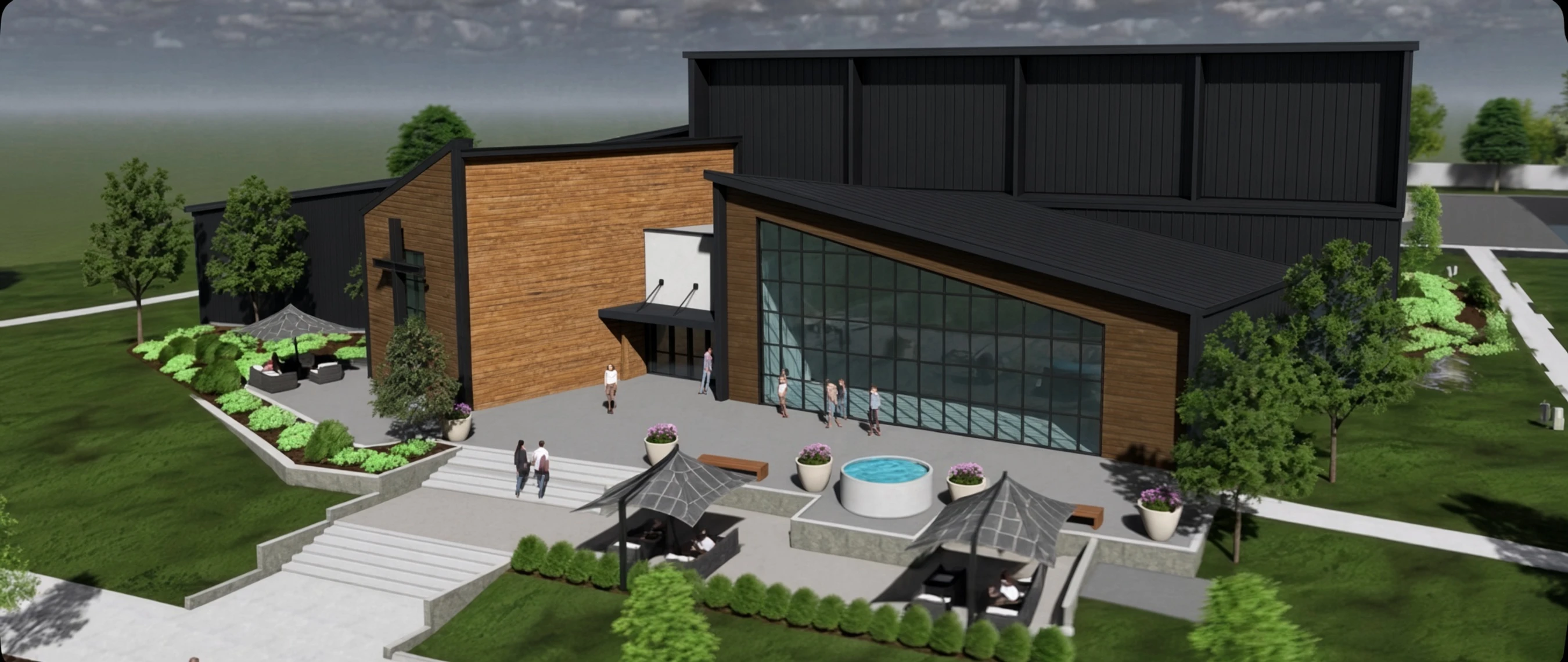 An aerial architectural rendering of a modern church with wood and dark metal siding, featuring a large patio, landscaping, and a small outdoor pool.
