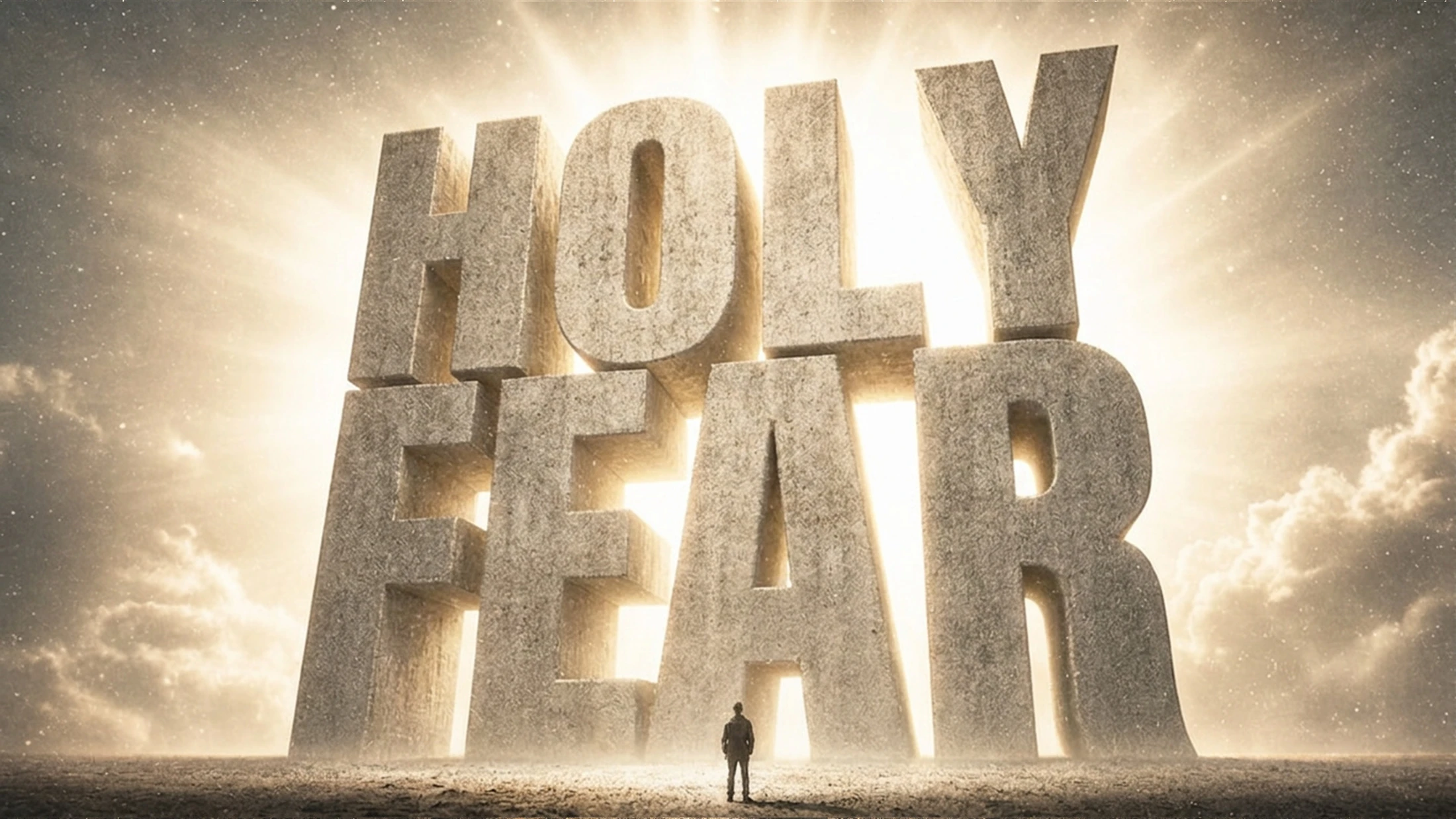 A lone person stands before giant stone letters spelling 'HOLY FEAR', backlit by a divine light against a cloudy, starry sky, conveying a sense of awe.