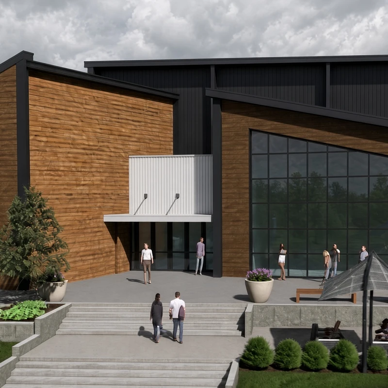 A rendering of a modern church with wood and black metal siding, an integrated cross, large windows, and a landscaped patio with people gathered.