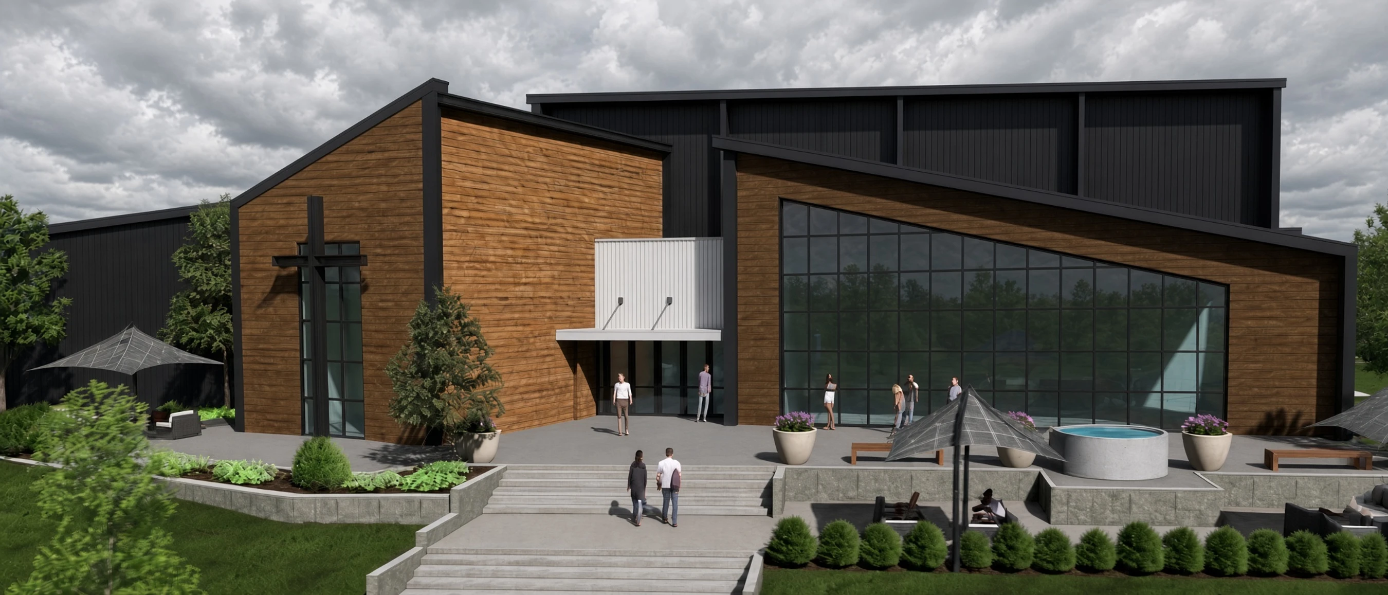 A rendering of a modern church with wood and black metal siding, an integrated cross, large windows, and a landscaped patio with people gathered.
