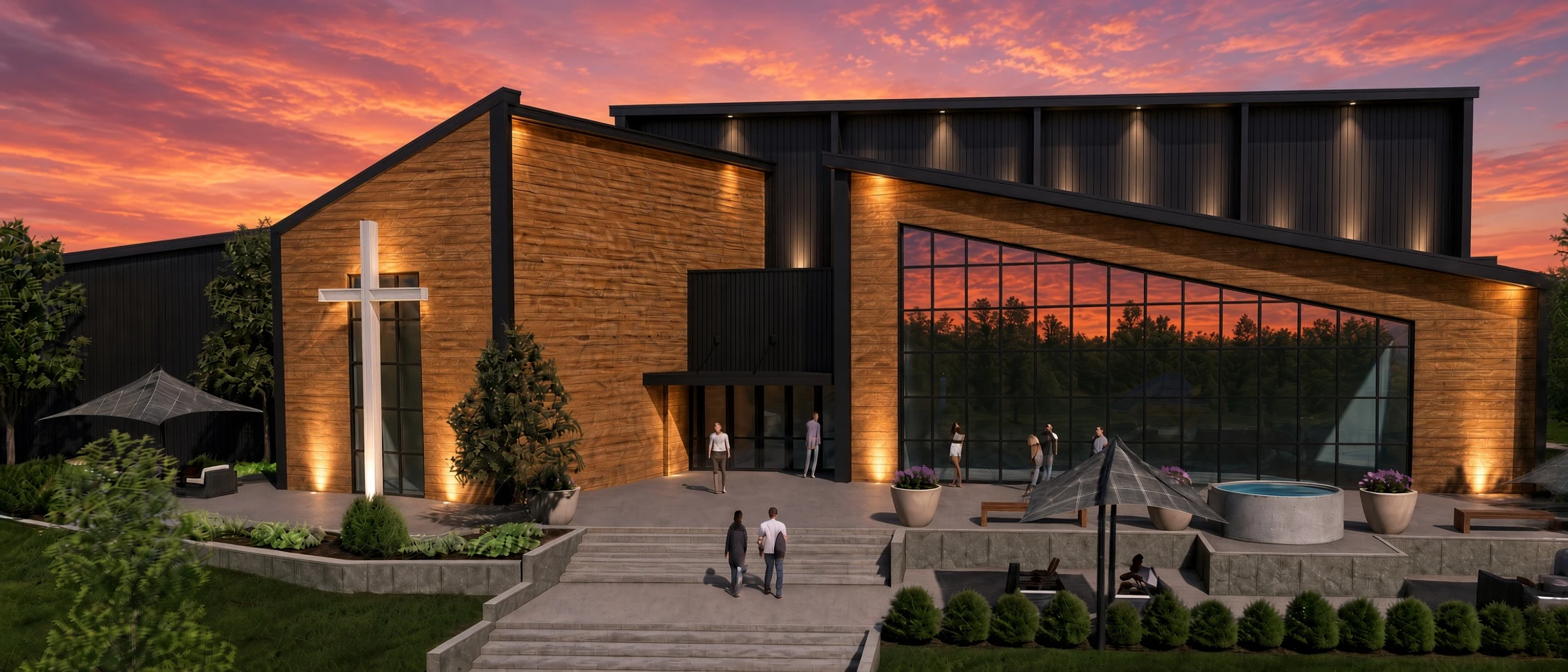 An exterior rendering of a modern church with wood and dark metal siding. An illuminated cross stands by the entrance as people gather under a vibrant sunset.