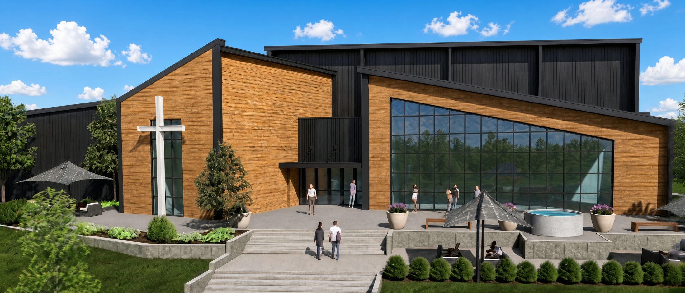 An architectural rendering of a modern church with wood and black siding, a large white cross, and a glass facade. People walk on the landscaped patio.
