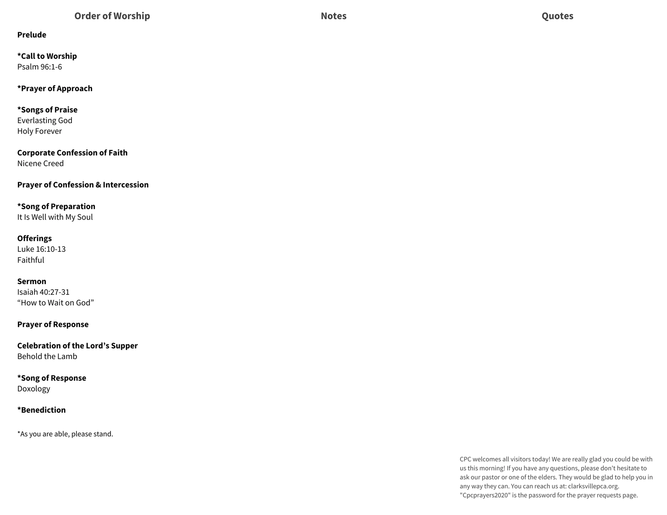 A church program listing the order of worship, including prayers, songs, a sermon on Isaiah 40, and the Lord's Supper, with blank columns for notes and quotes.