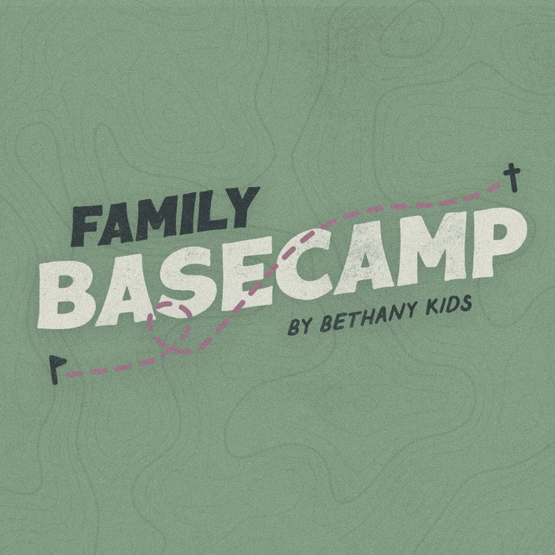 A graphic logo for 'Family Basecamp by Bethany Kids' on a green background with a topographic map pattern. A pink dashed line traces a path across the text.
