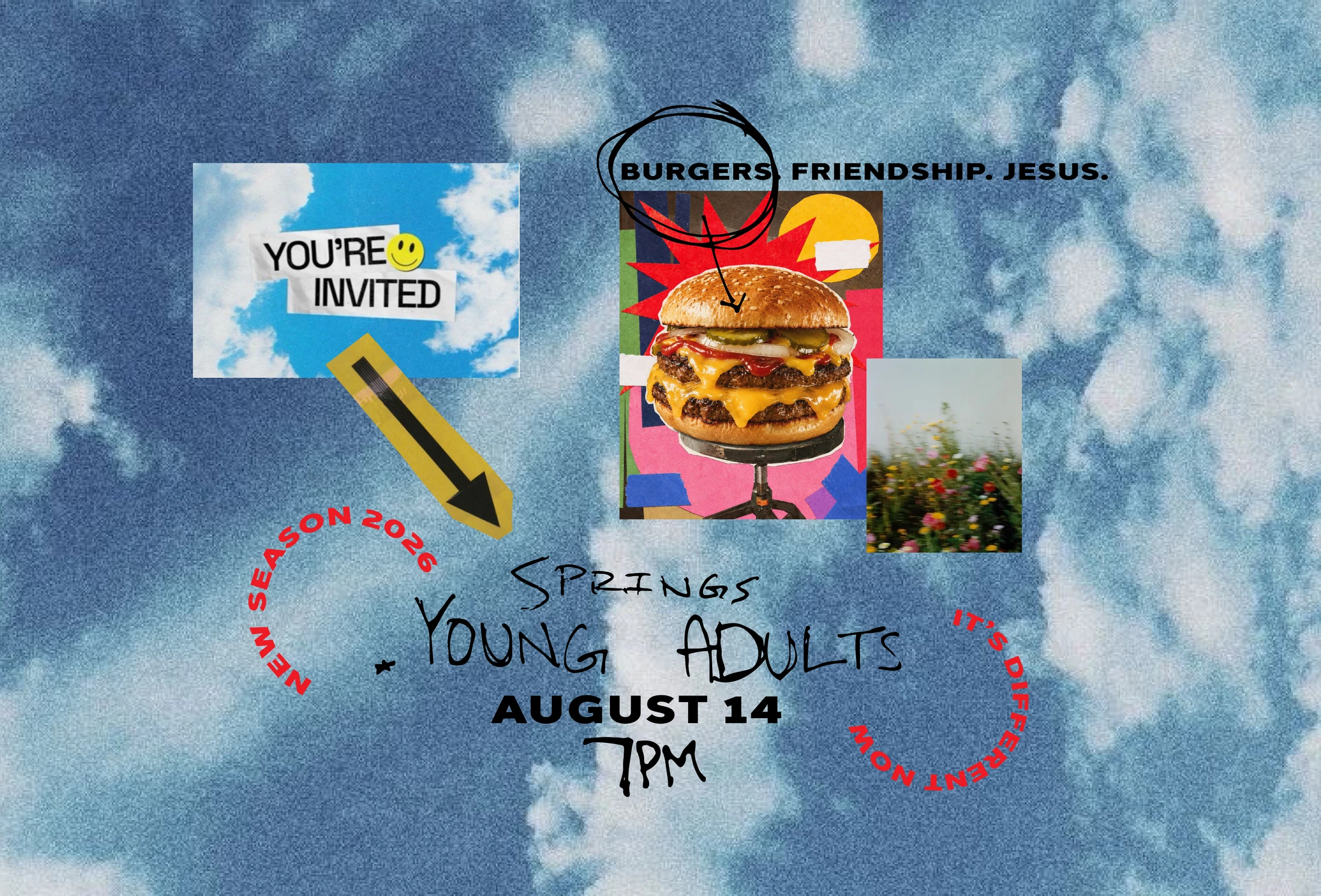 A collage-style invitation for a Springs Young Adults event on August 14 at 7 PM. It features a cloudy background, a burger photo, and text about the event.