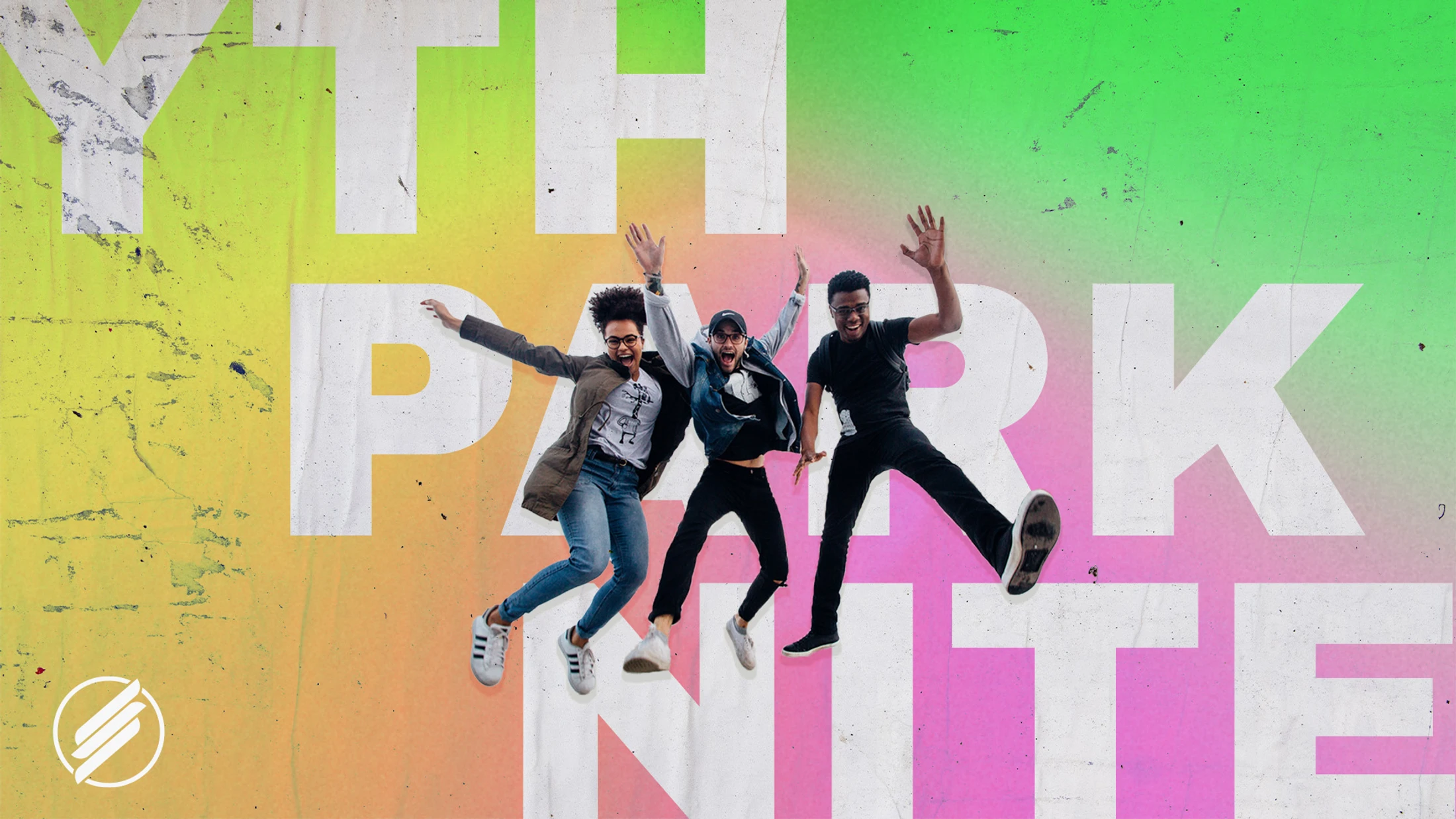 Three young, happy friends are jumping in the air against a colorful textured wall with the words 'YOUTH PARK NITE' in large white letters.
