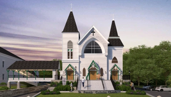 A digital rendering of St. Patrick's Catholic Church, a white building with two steeples and green trim, shown at dusk with people arriving.