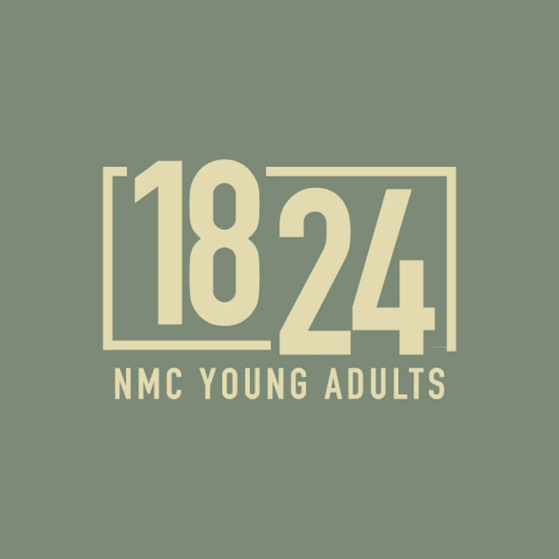 A logo for NMC Young Adults featuring the numbers 1824 in a large, cream-colored font inside a rectangular box on a muted green background.