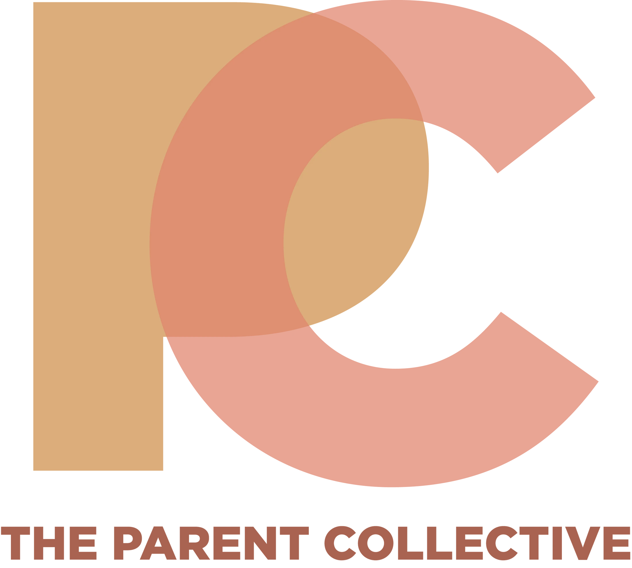 Logo for The Parent Collective, featuring a monogram of the letters P and C overlapping in warm, earthy tones, with the full name below.