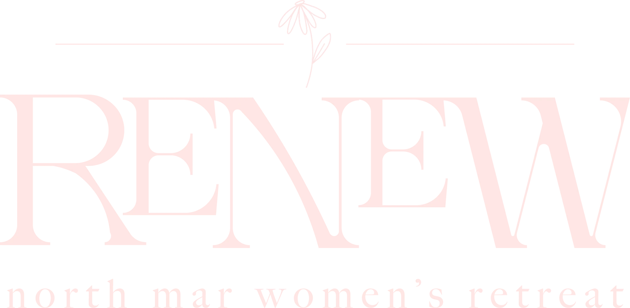 A light pink logo for the North Mar Women's Retreat. It features the word 'Renew' in a large serif font with a delicate flower illustration above.
