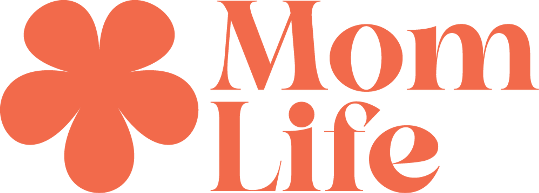 The words 'Mom Life' in a coral serif font next to a matching stylized flower graphic on a white background.