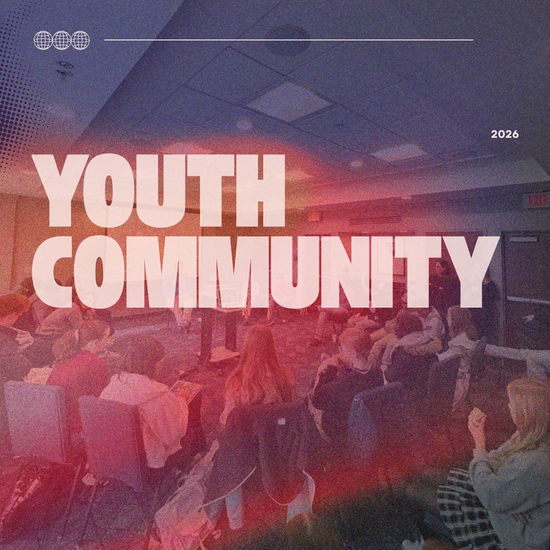 A stylized graphic with the words 'Youth Community' over a photo of a group of young people sitting together in a room during an event.