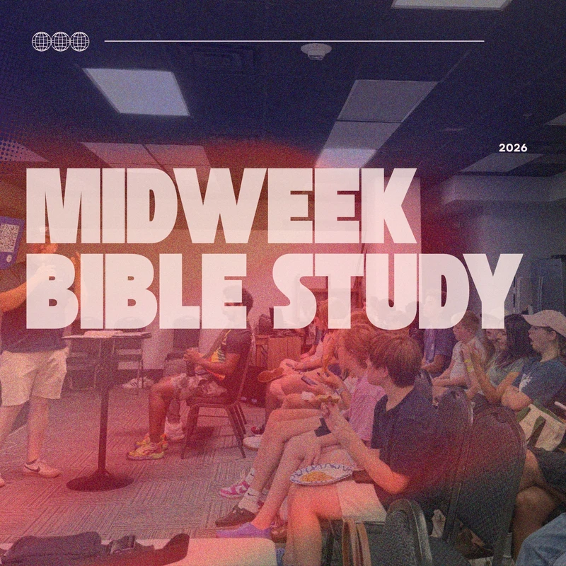 A graphic for a "Midweek Bible Study" layered over a photo of a group of young people sitting together in a room listening to a speaker.