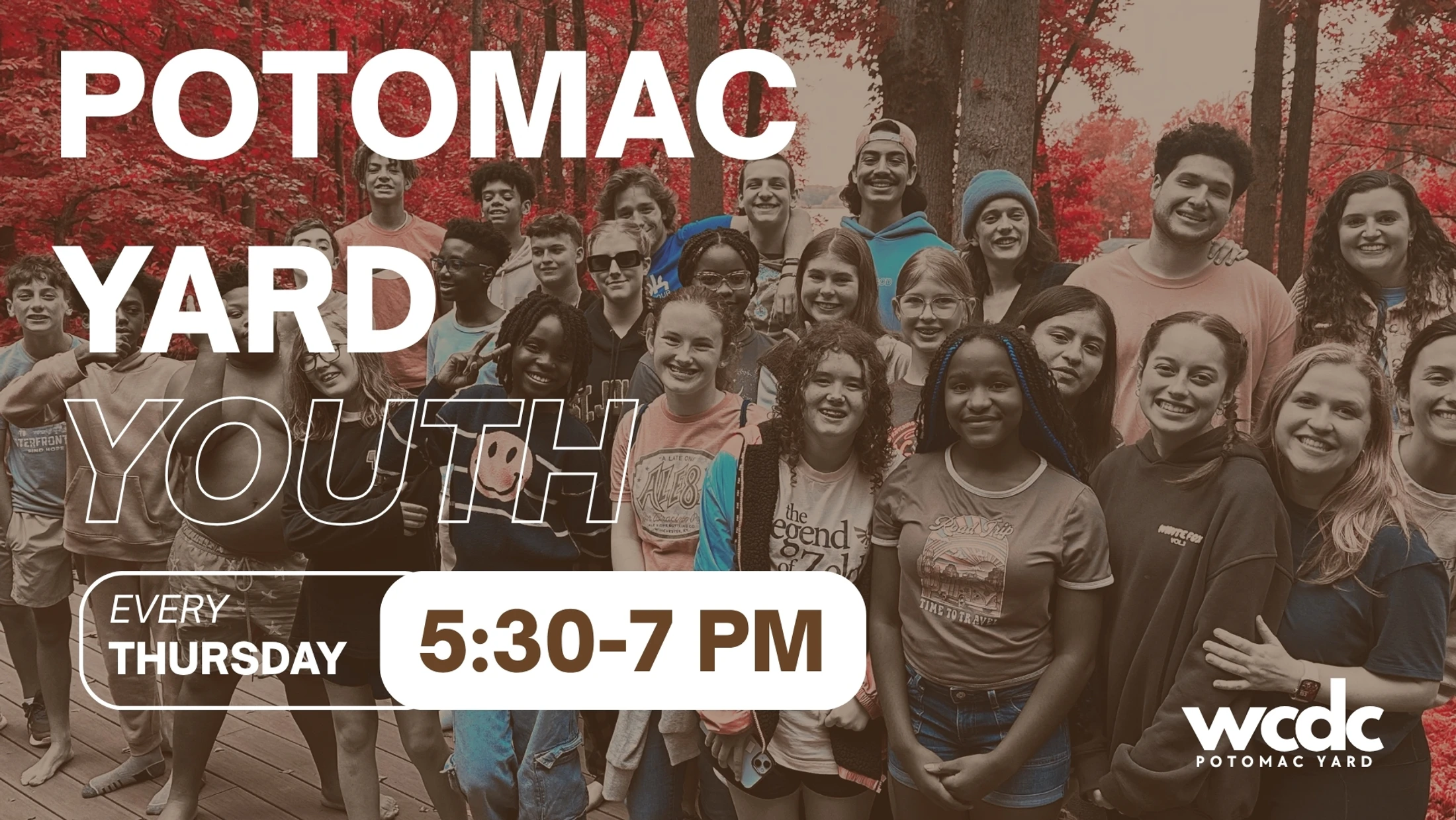 A large, diverse group of smiling teenagers posing for a photo outdoors. Text overlay reads "Potomac Yard Youth, Every Thursday 5:30-7 PM."