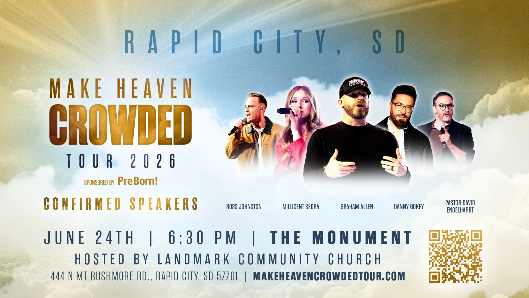 Promotional poster for the Make Heaven Crowded Tour 2026 in Rapid City, SD on June 24th, showing photos of the five speakers above event details.