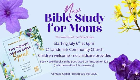 Promotional flyer for a Bible study for moms on 'The Women of the Bible Speak.' The event starts July 6th at 6pm at Landmark Community Church.