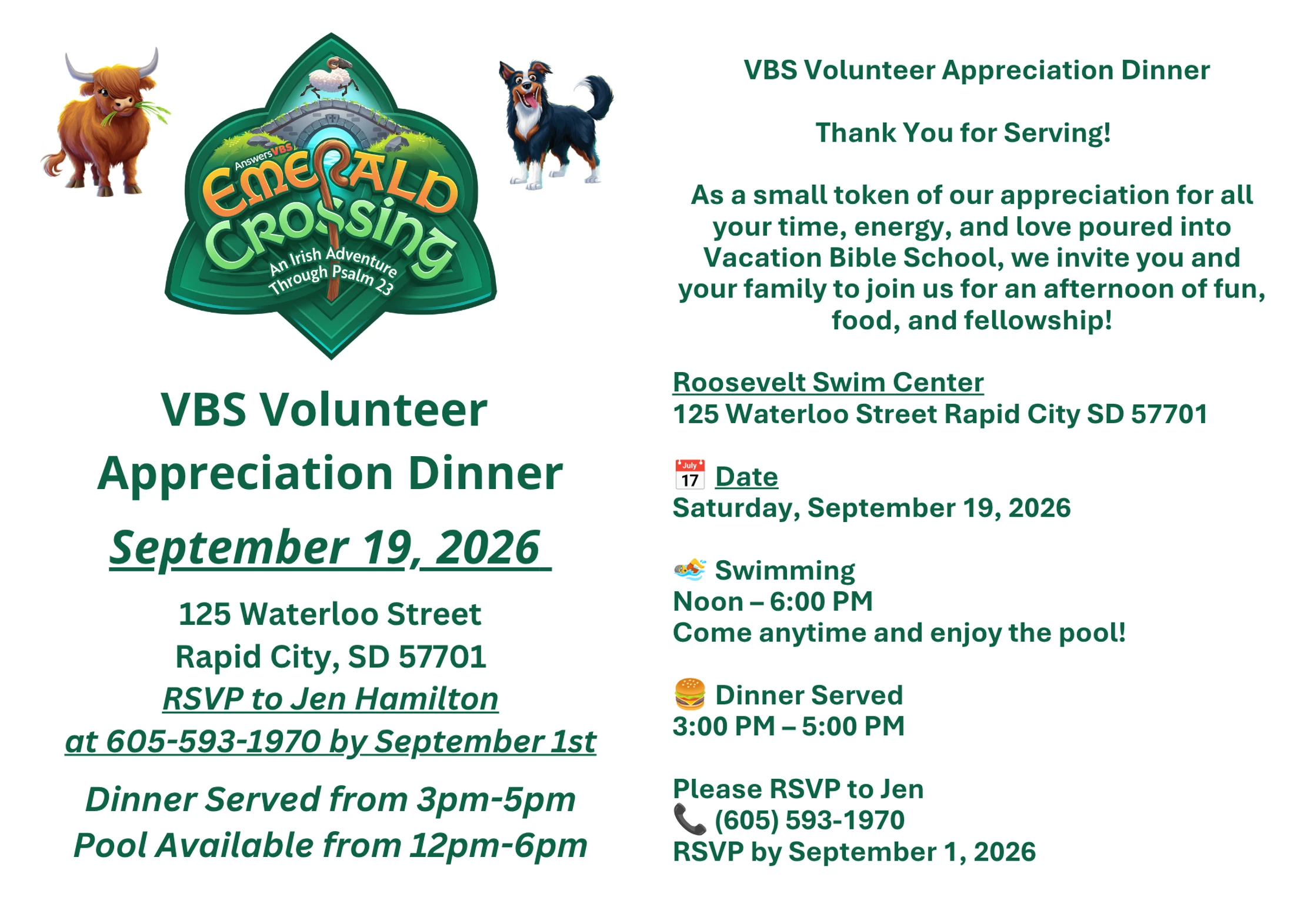 An invitation flyer for a VBS Volunteer Appreciation Dinner on Sept. 19, 2026, at Roosevelt Swim Center, with swimming and dinner to thank volunteers.