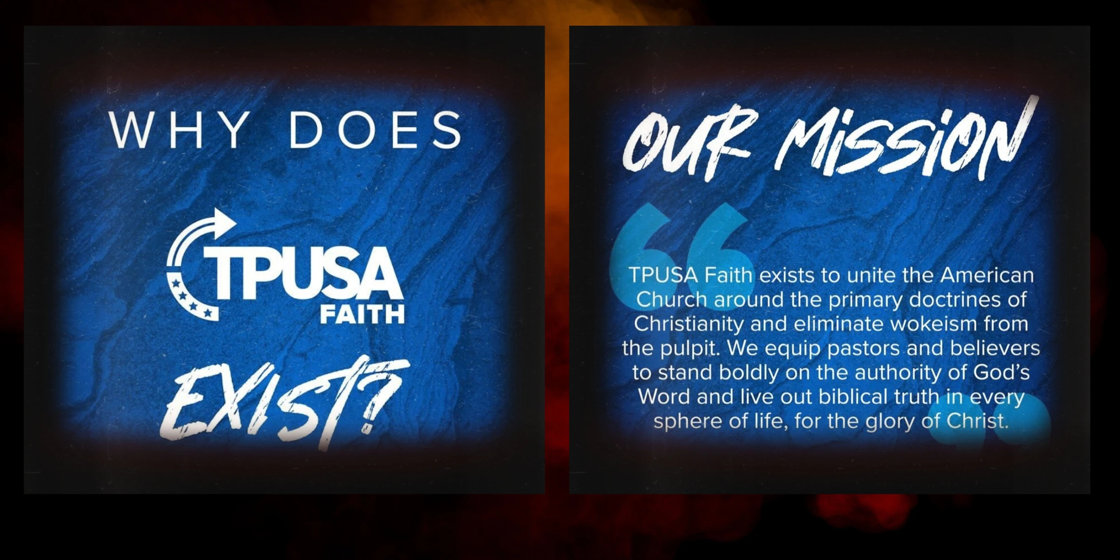 A graphic with two panels. The left panel asks "Why does TPUSA Faith exist?". The right panel answers with "Our Mission" and explains its goals.