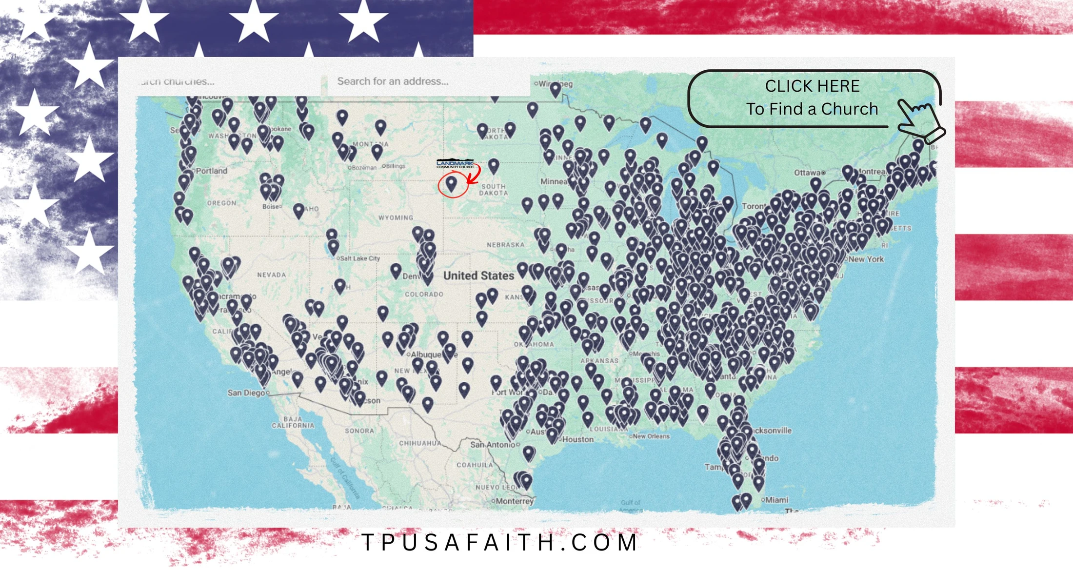 A map of the United States covered in location pins. Text says "Click Here to Find a Church." The image is framed by a stylized American flag.