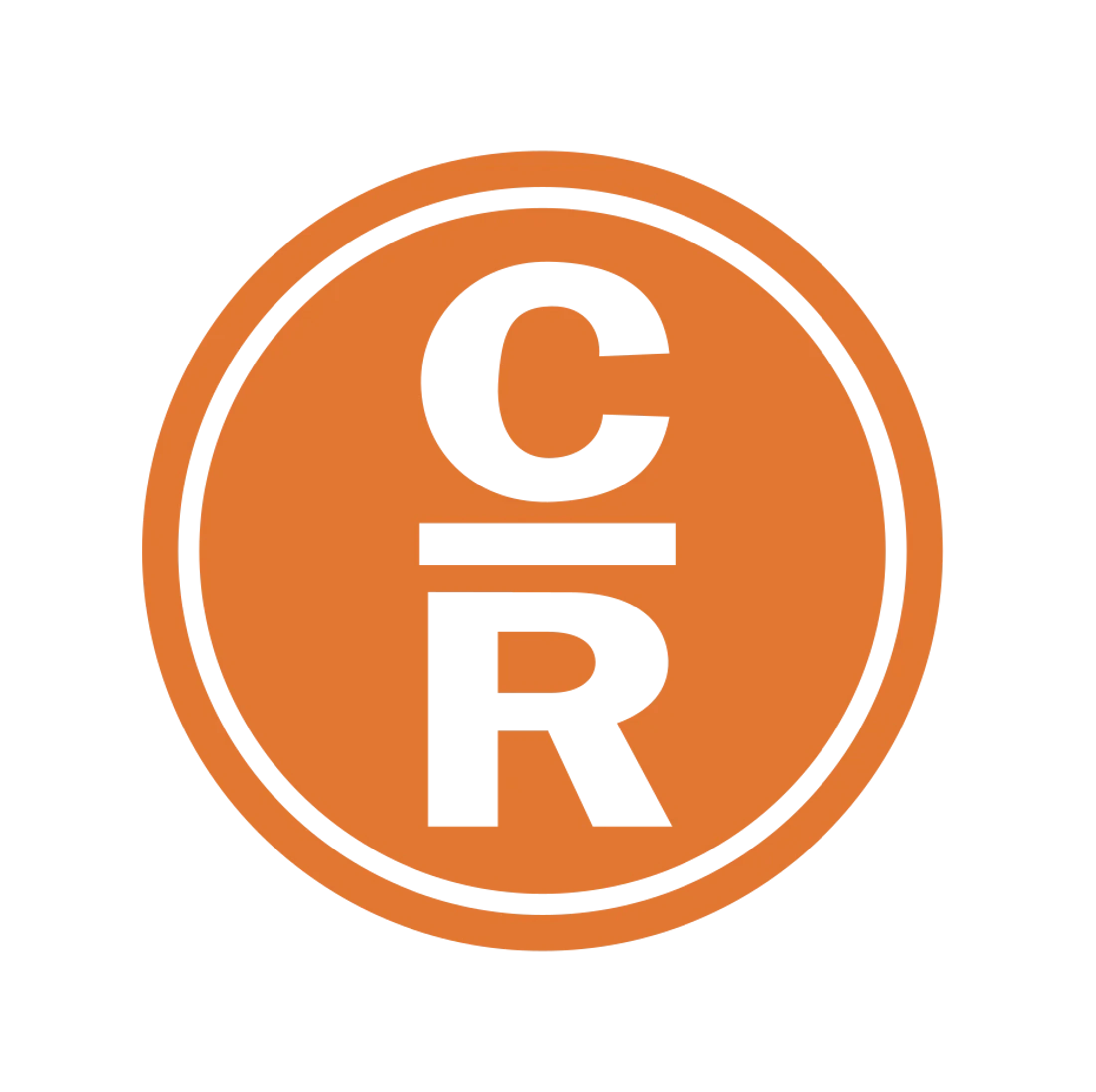 A logo with the white letters C and R stacked vertically, separated by a line, inside a solid orange circle with a thin white border.