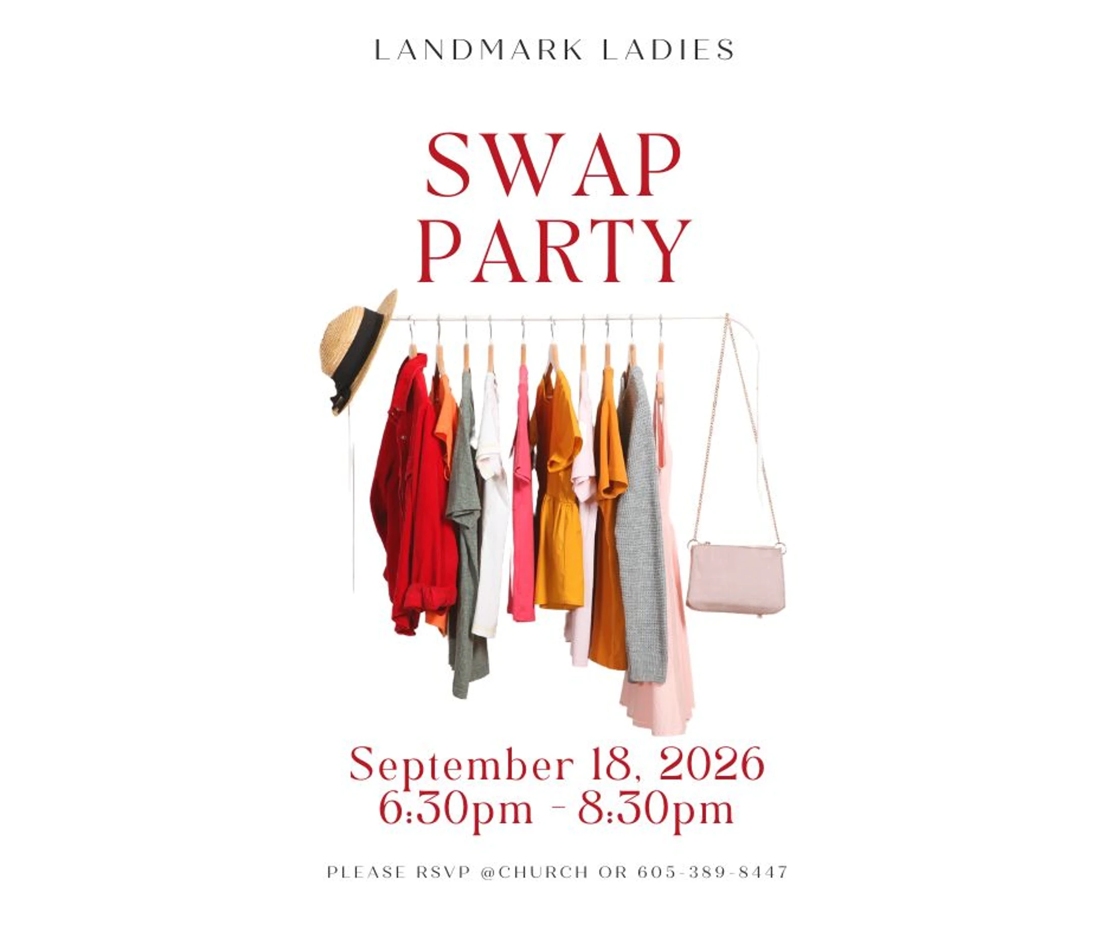 An invitation for a Landmark Ladies Swap Party on September 18, 2026, featuring a clothing rack with colorful clothes, a hat, and a purse.